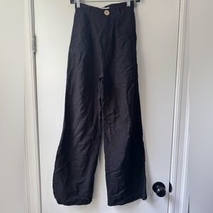 & Other Stories Black Linen Blend High Rise Pleated Wide Leg Trousers Pants